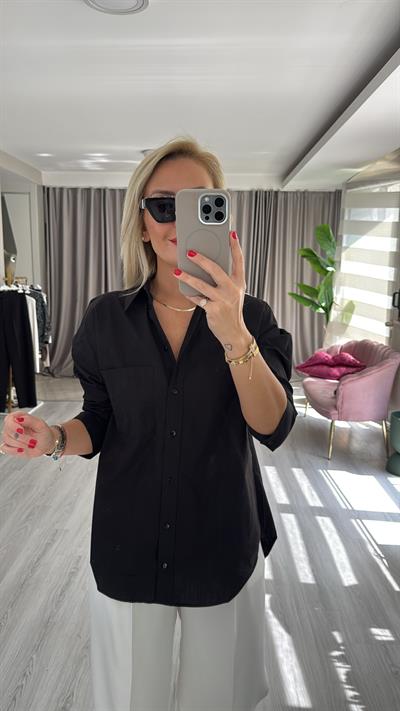 %100 Pamuklu Siyah Poplin Gömlek