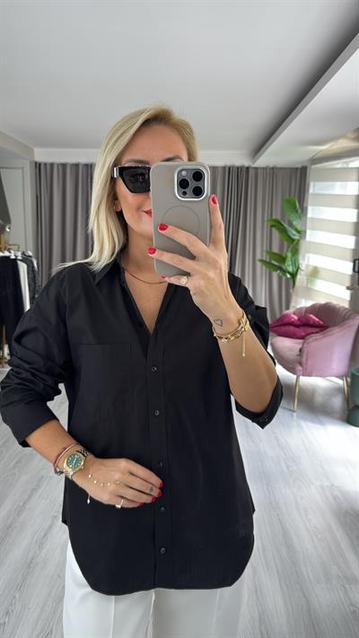 %100 Pamuklu Siyah Poplin Gömlek