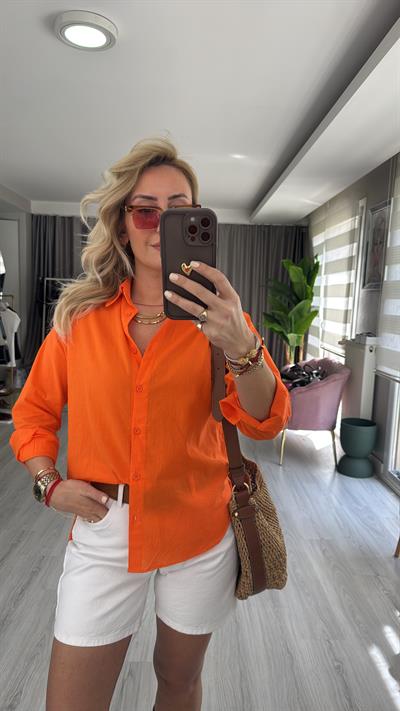 %100 Pamuklu Turuncu Tiril Poplin Gömlek