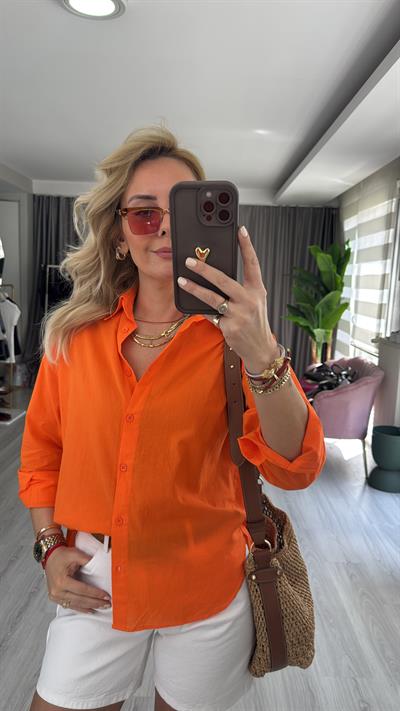 %100 Pamuklu Turuncu Tiril Poplin Gömlek