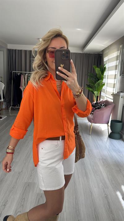 %100 Pamuklu Turuncu Tiril Poplin Gömlek