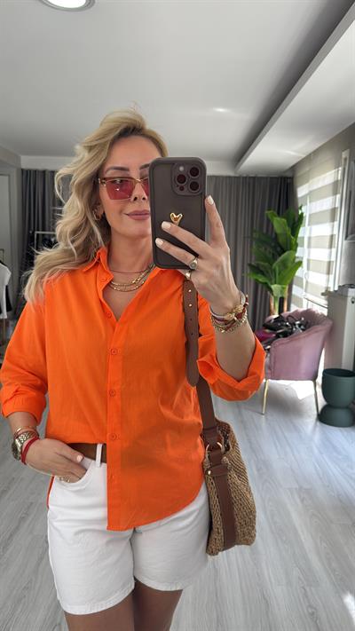 %100 Pamuklu Turuncu Tiril Poplin Gömlek