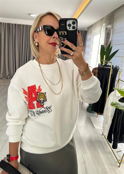 A Baskılı Kaplan Nakışlı Ekru Sweat