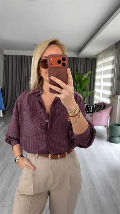 Açık Mavi Çizgili Bordo Oversize Gömlek