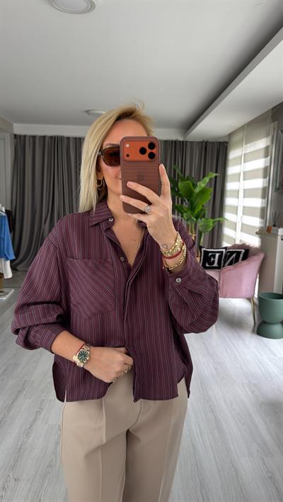 Açık Mavi Çizgili Bordo Oversize Gömlek