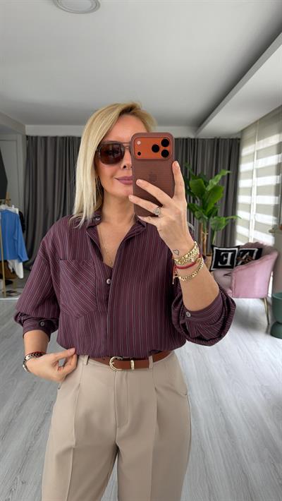 Açık Mavi Çizgili Bordo Oversize Gömlek