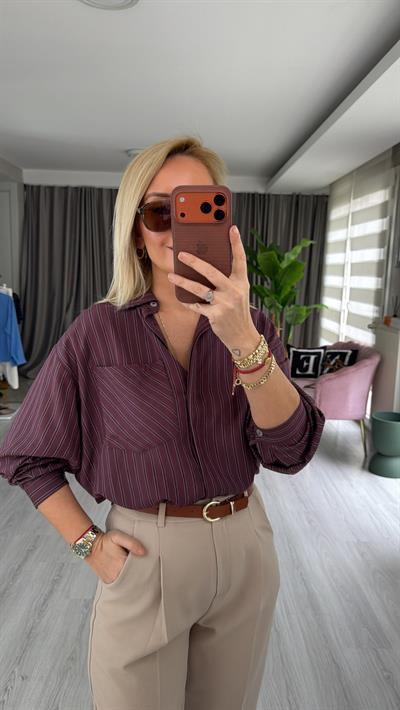 Açık Mavi Çizgili Bordo Oversize Gömlek