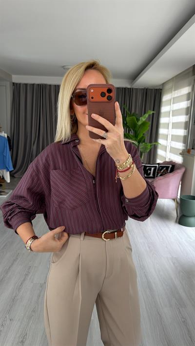 Açık Mavi Çizgili Bordo Oversize Gömlek