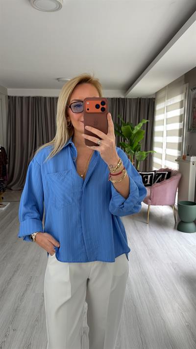 Açık Mavi Çizgili Mavi Oversize Gömlek