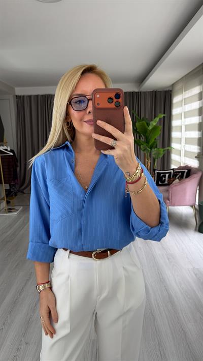 Açık Mavi Çizgili Mavi Oversize Gömlek