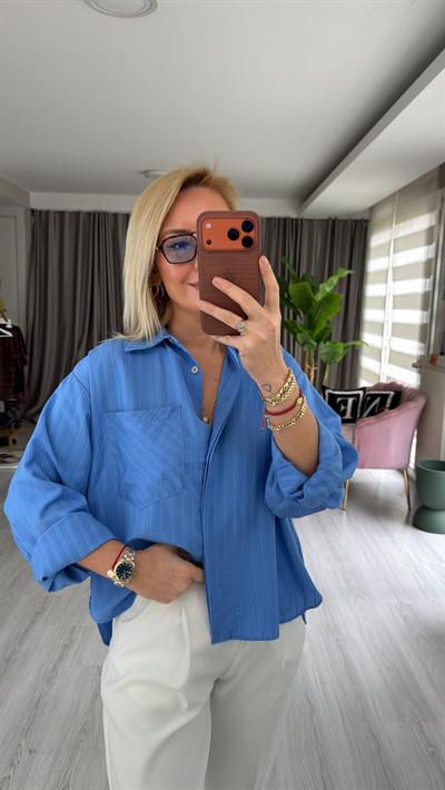 Açık Mavi Çizgili Mavi Oversize Gömlek