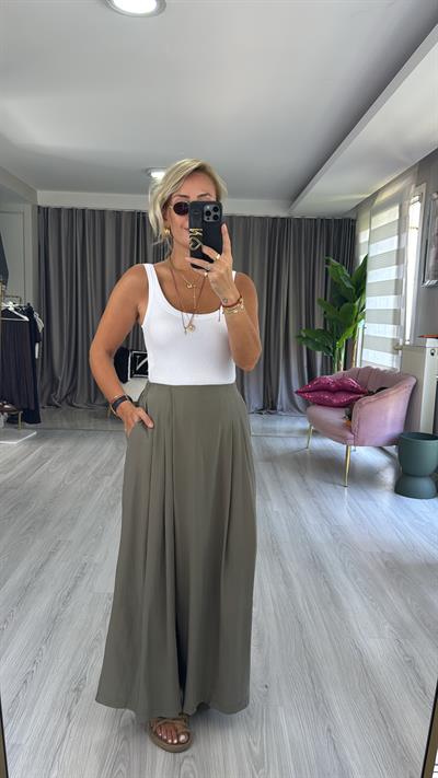 Arka Beli Lastikli Haki Tencel Tiril Pantolon
