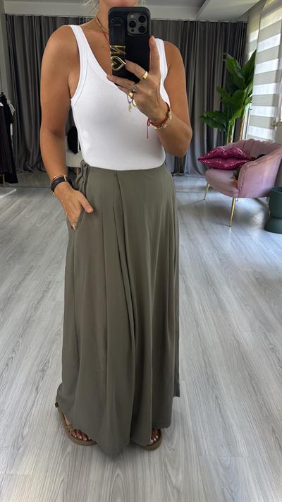 Arka Beli Lastikli Haki Tencel Tiril Pantolon