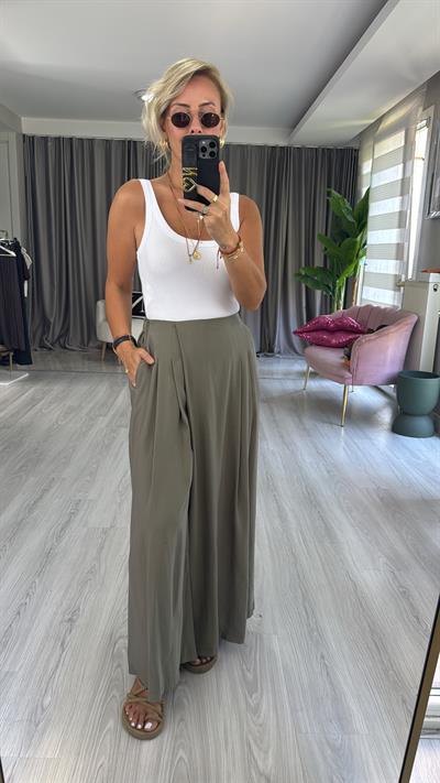 Arka Beli Lastikli Haki Tencel Tiril Pantolon
