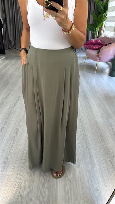 Arka Beli Lastikli Haki Tencel Tiril Pantolon