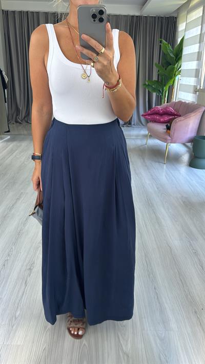 Arka Beli Lastikli Lacivert Tencel Tiril Pantolon