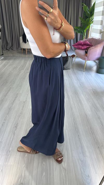Arka Beli Lastikli Lacivert Tencel Tiril Pantolon