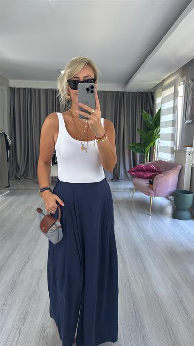 Arka Beli Lastikli Lacivert Tencel Tiril Pantolon
