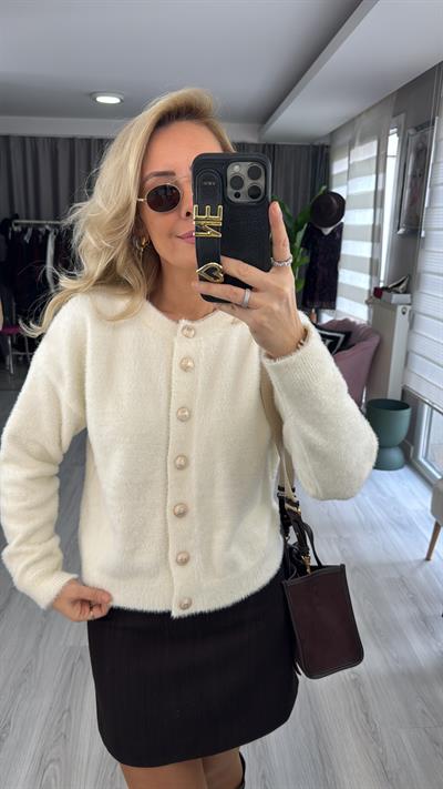 Arma Düğmeli Ekru Angora Triko Hırka