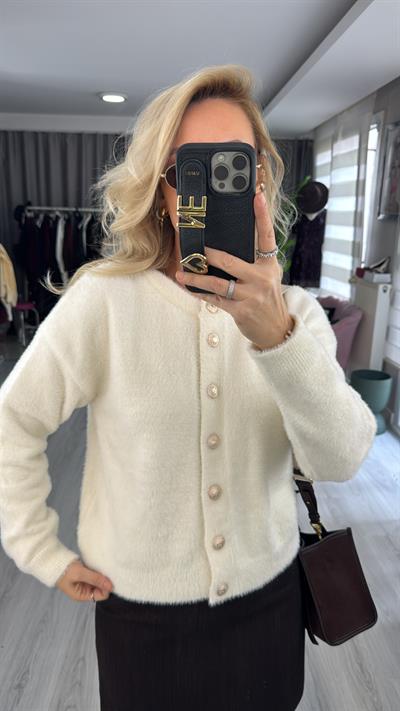 Arma Düğmeli Ekru Angora Triko Hırka