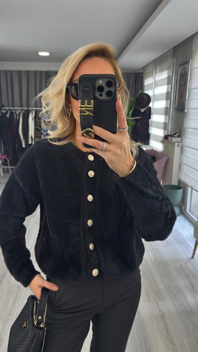 Arma Düğmeli Siyah Angora Triko Hırka