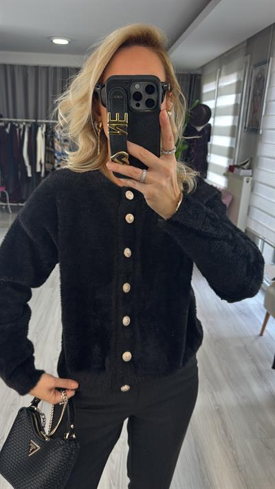 Arma Düğmeli Siyah Angora Triko Hırka