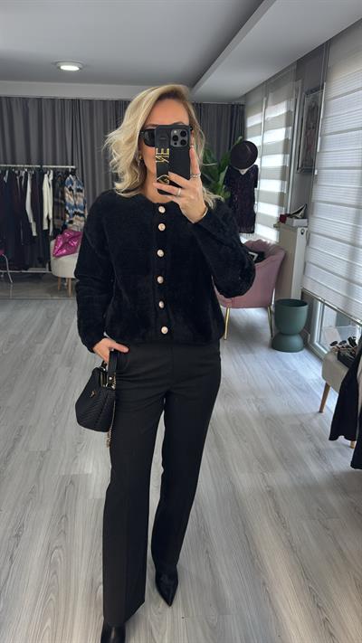 Arma Düğmeli Siyah Angora Triko Hırka