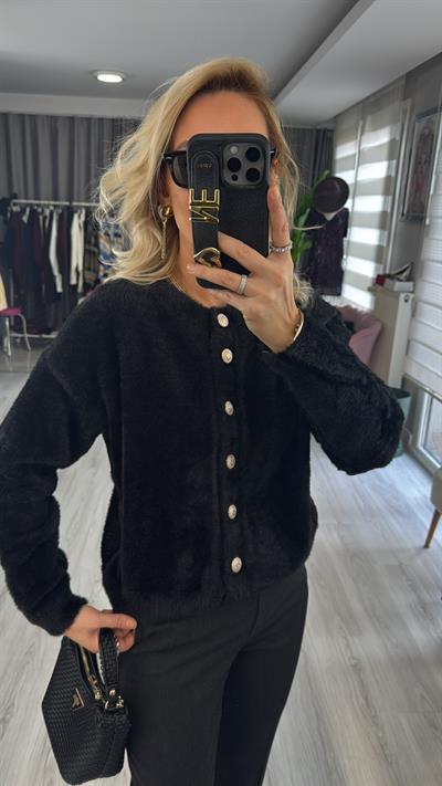 Arma Düğmeli Siyah Angora Triko Hırka