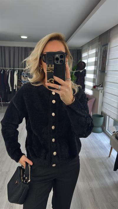 Arma Düğmeli Siyah Angora Triko Hırka