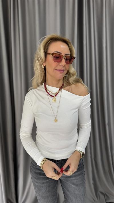 Asimetrik Yaka Drapeli Ekru Bluz