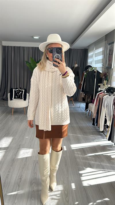 ATKILI SAÇ ÖRGÜLÜ EKRU TRİKO TAKIM