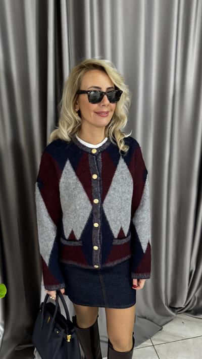 Baklava Desen Bordo Gri Lacivert Triko Ceket