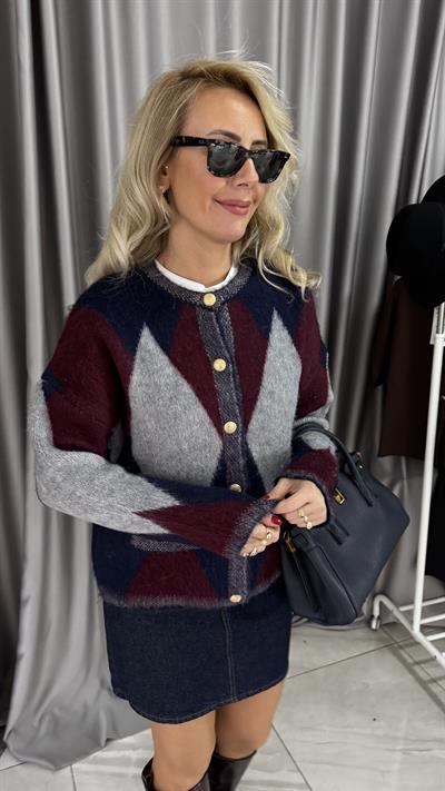 Baklava Desen Bordo Gri Lacivert Triko Ceket