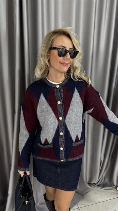 Baklava Desen Bordo Gri Lacivert Triko Ceket