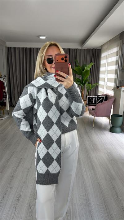 Baklava Desen Gri Beyaz Atkılı Triko