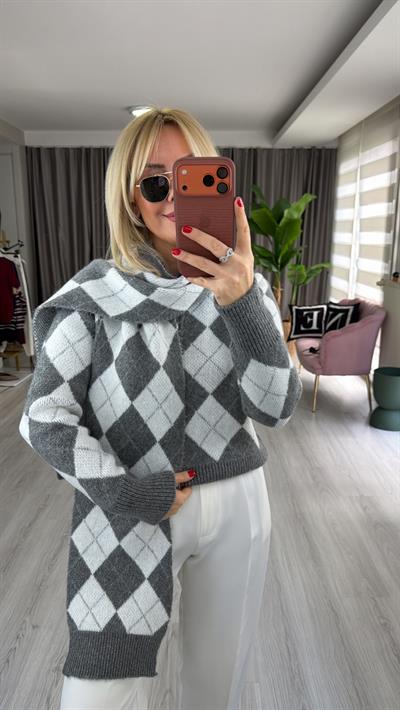 Baklava Desen Gri Beyaz Atkılı Triko