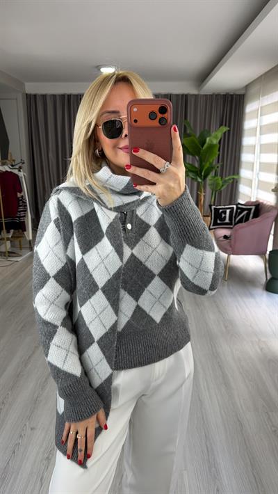 Baklava Desen Gri Beyaz Atkılı Triko