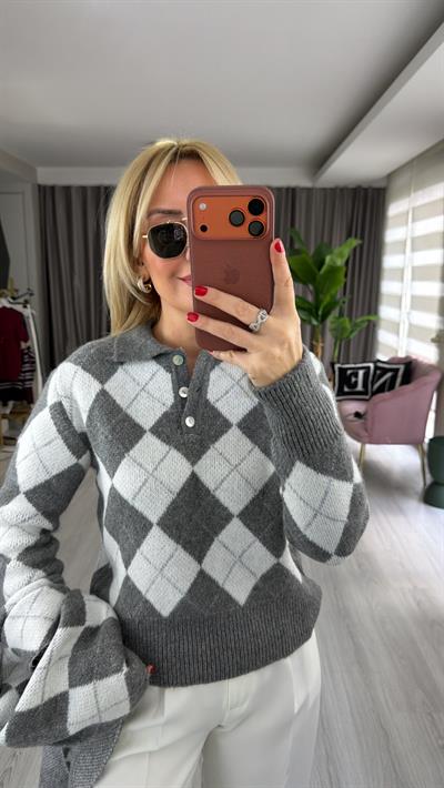 Baklava Desen Gri Beyaz Atkılı Triko