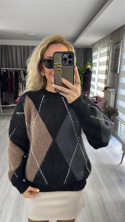 Baklava Desen Siyah Vizon Triko Kazak