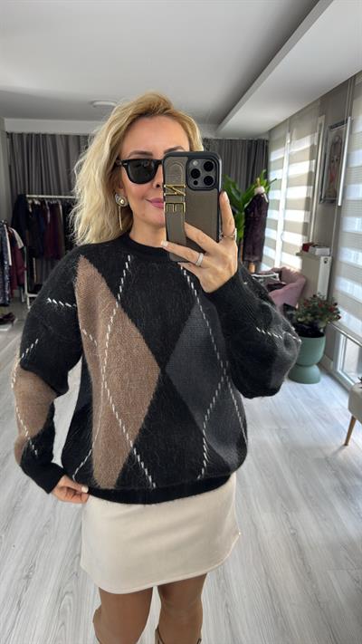 Baklava Desen Siyah Vizon Triko Kazak