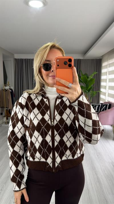 Baklava Desen Kahve Krem Fermuarlı Triko Ceket