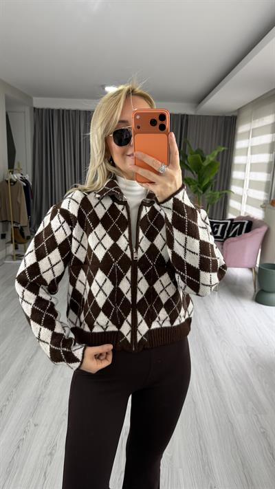 Baklava Desen Kahve Krem Fermuarlı Triko Ceket