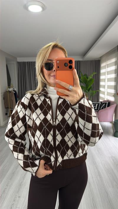 Baklava Desen Kahve Krem Fermuarlı Triko Ceket