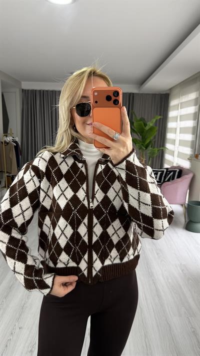 Baklava Desen Kahve Krem Fermuarlı Triko Ceket