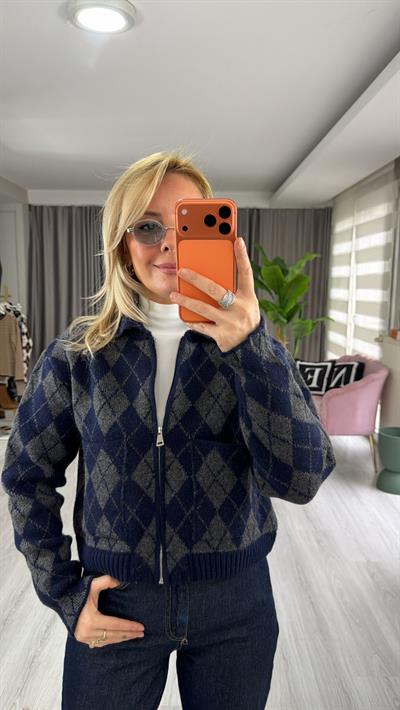 Baklava Desen Lacivert Antrasit Fermuarlı Triko Ceket