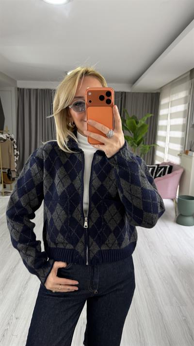 Baklava Desen Lacivert Antrasit Fermuarlı Triko Ceket