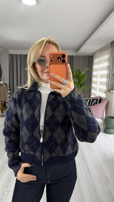 Baklava Desen Lacivert Antrasit Fermuarlı Triko Ceket