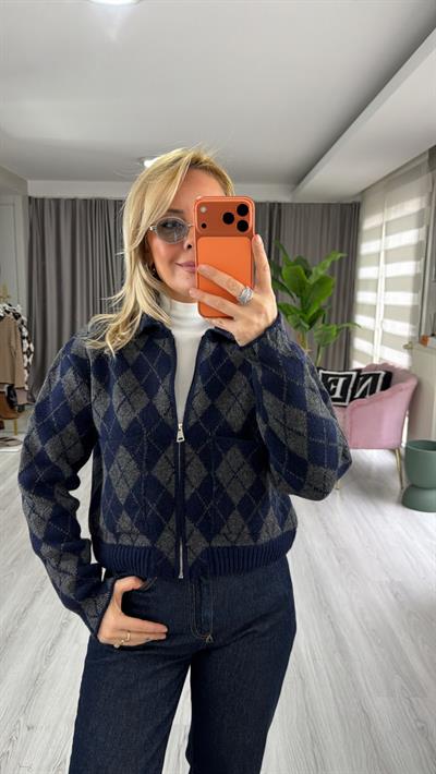 Baklava Desen Lacivert Antrasit Fermuarlı Triko Ceket