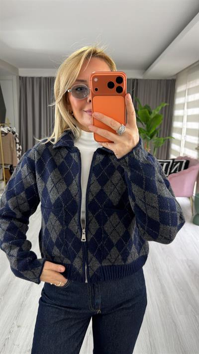 Baklava Desen Lacivert Antrasit Fermuarlı Triko Ceket