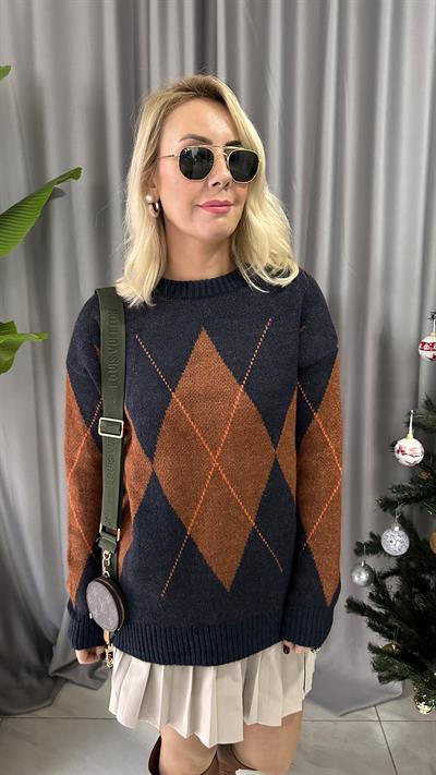 BAKLAVA DESEN LACİVERT KİREMİT KAZAK